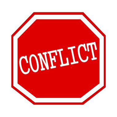 Conflict white stamp text on red octagon