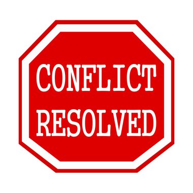 Conflict Resolved white stamp text on red octagon