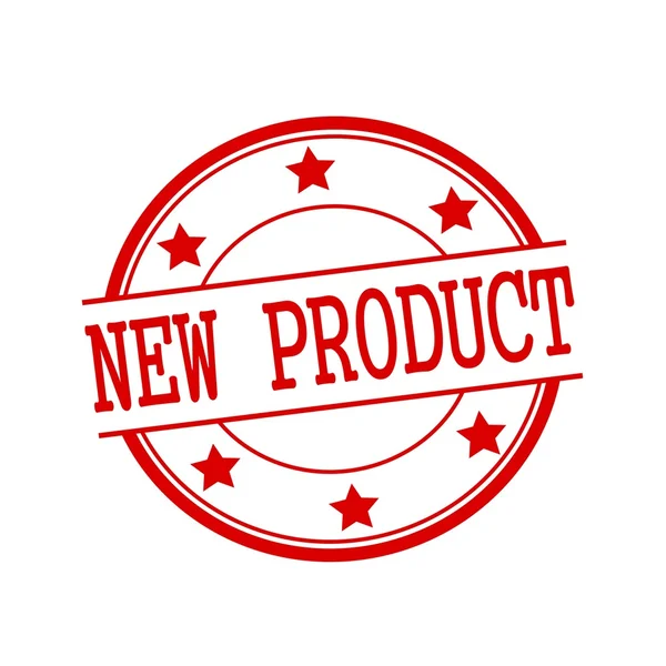 Novo produto texto carimbo vermelho no círculo vermelho em um fundo branco e estrela — Fotografia de Stock