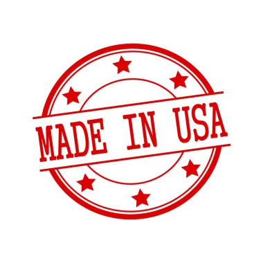 Made in USA red stamp text on red circle on a white background and star