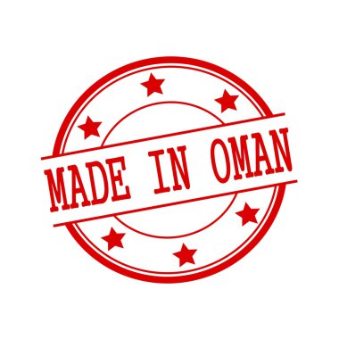 Made in Oman red stamp text on red circle on a white background and star