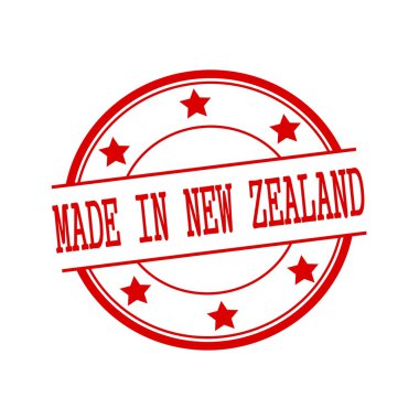 Made in New Zealand red stamp text on red circle on a white background and star