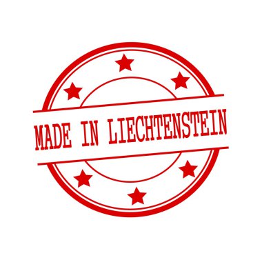 Made in Liechtenstein red stamp text on red circle on a white background and star