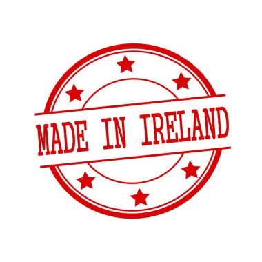 Made in Ireland red stamp text on red circle on a white background and star