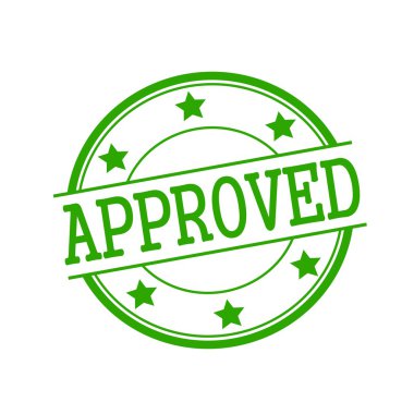 approved green stamp text on green circle on a white background and star