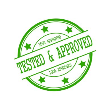 Tested and Approved stamp text on green circle on a white background and star