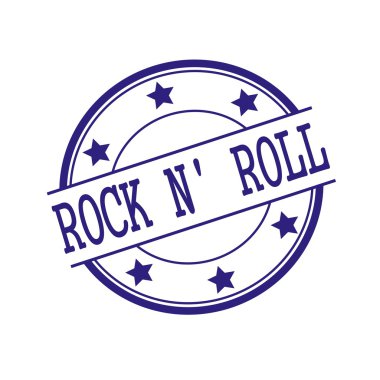ROCK N ROLL Blue-Black stamp text on Blue-Black circle on a white background and star