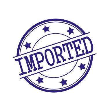 Imported Blue-Black stamp text on Blue-Black circle on a white background and star