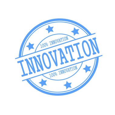 Innovation blue stamp text on blue circle on a white background and star