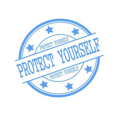 Protect yourself blue stamp text on blue circle on a white background and star