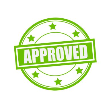 Beyaz damga metni yeşil arka plan ve yıldız çemberin üzerinde onaylı