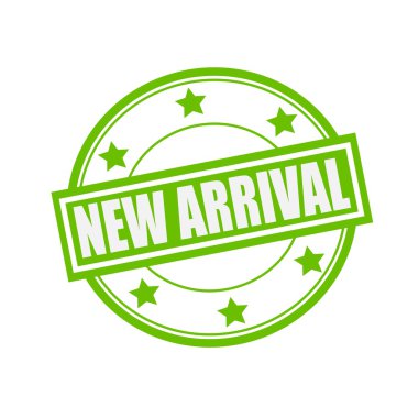 Yeni varış beyaz damga metni daire yeşil arka plan ve yıldız