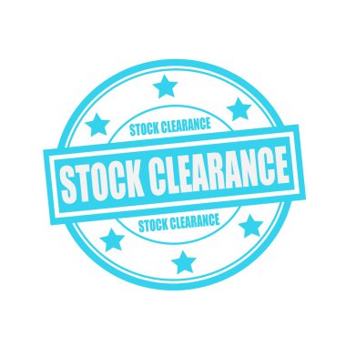 Stok temizleme beyaz damga metni daire mavi arka plan ve yıldız