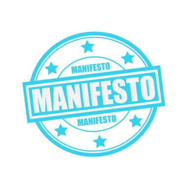 Manifesto beyaz damga metni daire mavi arka plan ve yıldız