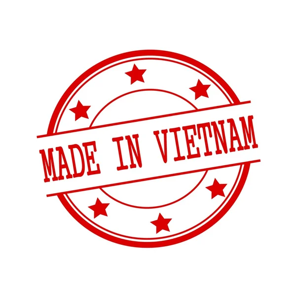 Сделано во Вьетнаме текст красной марки на красном круге на белом фоне и звезде — стоковое фото