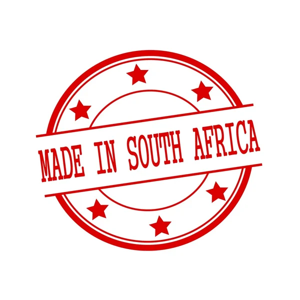 Hecho en Sudáfrica texto de sello rojo en círculo rojo sobre un fondo blanco y estrella —  Fotos de Stock