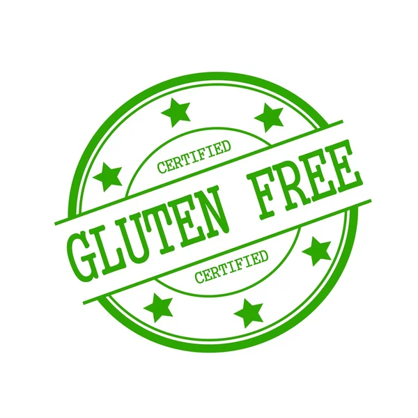 Certified Gluten Free green stamp text on green circle on a white background and star