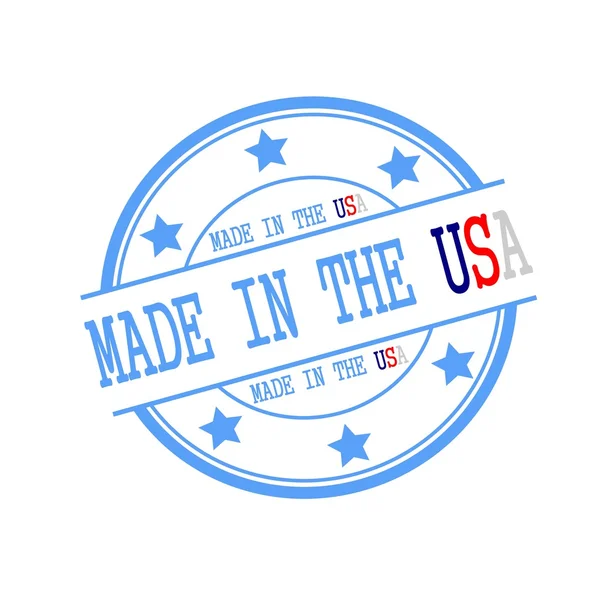Made in the USA stamp text on blue circle on a white background and star — Zdjęcie stockowe