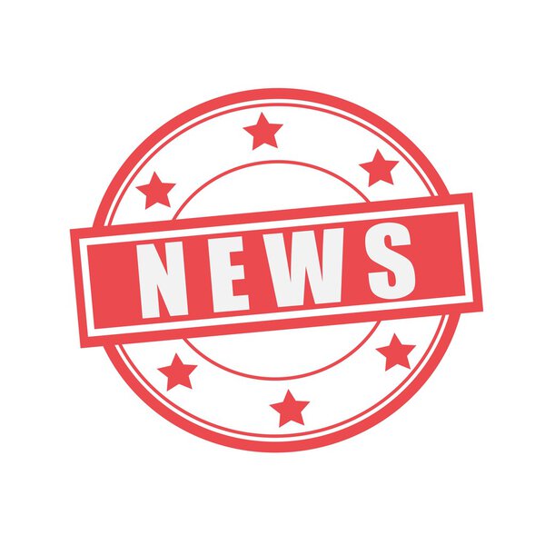 News white stamp text on circle on red background and star