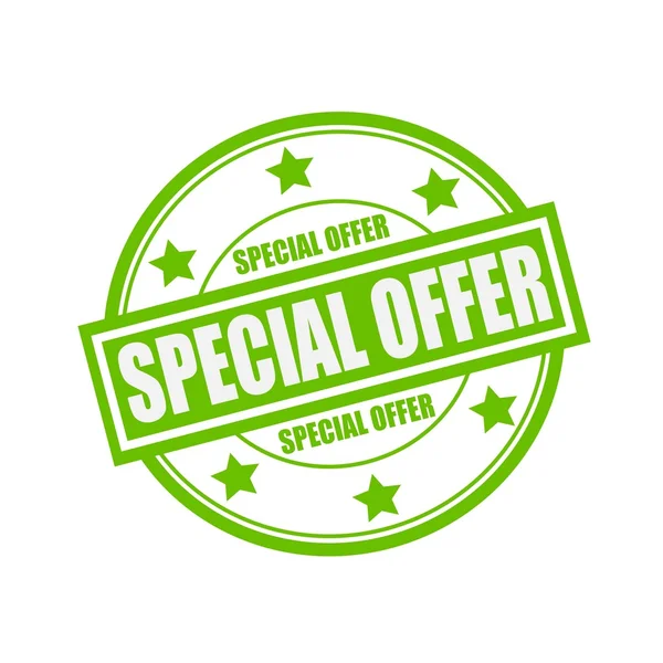 Special offer white stamp text on circle on green background and star — Stock Photo, Image