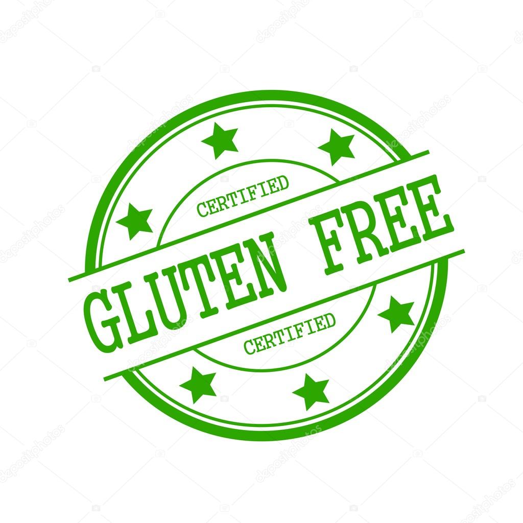 Certified Gluten Free green stamp text on green circle on a white background and star