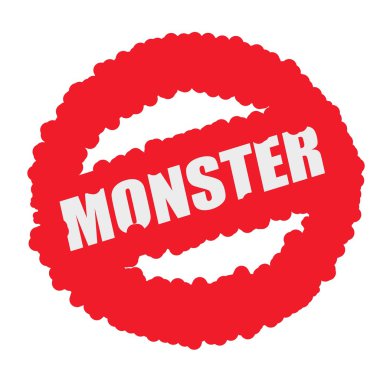 Canavar beyaz damga metni üzerinde kan kırmızı daire arka plan damla