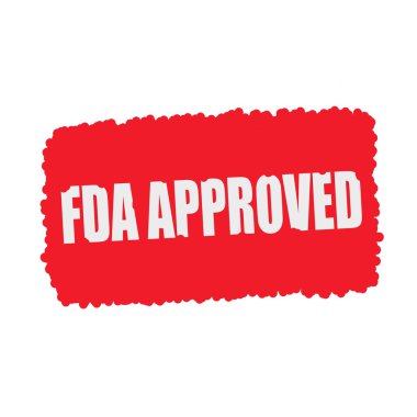 FDA onaylı beyaz damga metni üzerinde kan kırmızı arka plan damla