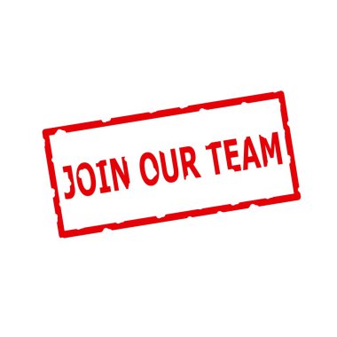 Bizim takım kırmızı damga metni dikdörtgen beyaz arka plan üzerinde katılmak