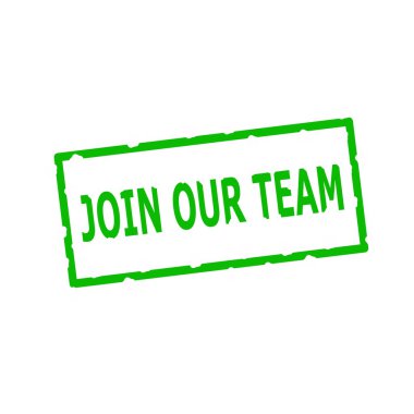 Bizim takım yeşil damga metni dikdörtgen beyaz arka plan üzerinde katılmak