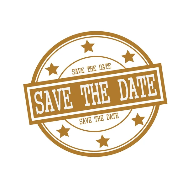 Save the date white stamp text on circle on brown background and star — Stock Photo, Image