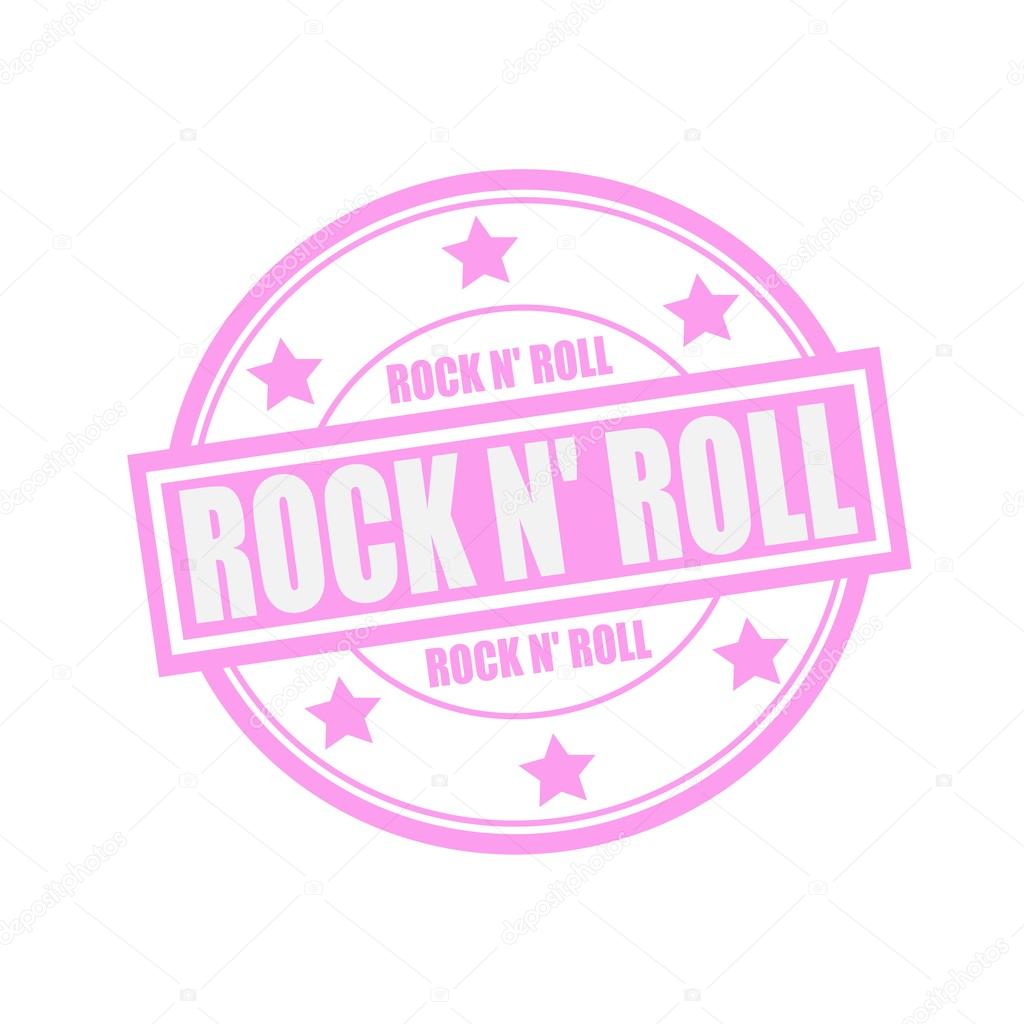 ROCK N ROLL white stamp text on circle on pink background and star