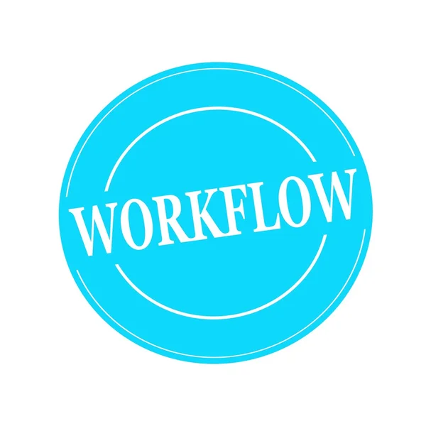 Workflow weißer Stempeltext auf Kreis auf blauem Hintergrund — Stockfoto