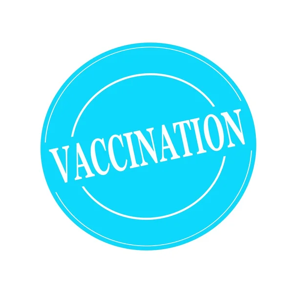 青の背景に円のワクチン接種白スタンプ テキスト — ストック写真