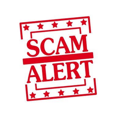 Scam Uyarı kırmızı damga metni üzerinde beyaz arka plan kareler