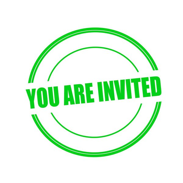 You are invited green stamp text on circle on white background