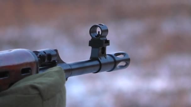 武器在一个人手里 在冬天被卡宾枪射中 — 图库视频影像