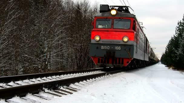 Бойовий Поїзд Рухається Зимових Лісах Багато Поїздів Мчать Рейках Оповитих — стокове відео