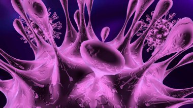 Covid-19 Coronavirus arka planda izole edildi. Virüsün lifli işlemleri diğer hücreleri delip geçiyor..