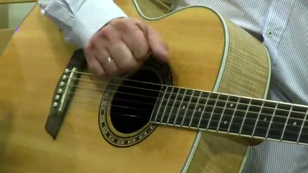 一种弦乐器 一个艺术家的音乐 吉他上的巴德表演 手放在绳子上 — 图库视频影像