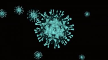Uçan Coronavirus 3 boyutlu arka plan. Tehlikeli hücresel bulaşıcı virüs covid-19.