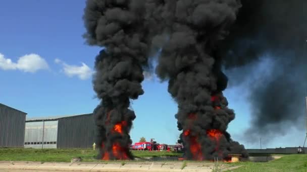 Fuego Alto Del Aceite Llamas Los Bomberos Extinguen Quema Petróleo — Vídeo de stock