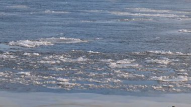 Nehirde buz akıntısı. Suyun üzerinde yüzen buz tabakasının kuzey rahatlığı.
