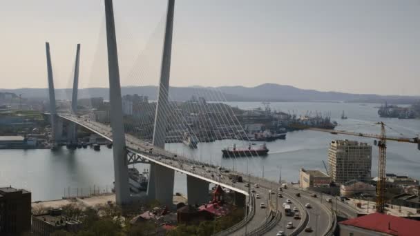 Panoraamanäkymät Merisatamaan Vladivostok Venäjä Uusi Moderni Toimintakykyinen Silta Golden Horn — kuvapankkivideo