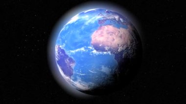 Mavi Dünya kendi ekseni etrafında siyah bir zemin üzerinde döner. Gezegenimizi dışarıdan görün..