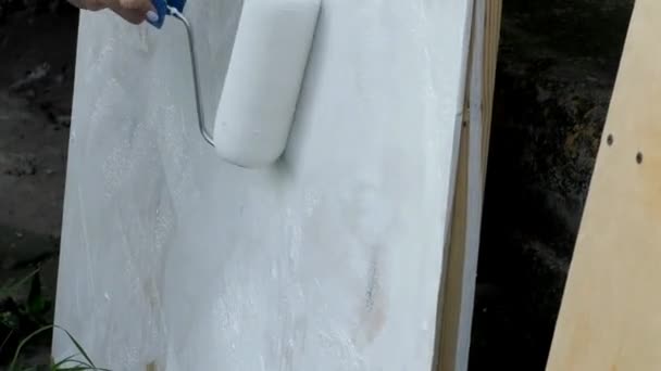 Application Peinture Blanche Base Avec Rouleau Préparation Par Artiste Designer — Video