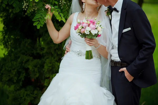 Beautiful wedding couple in park kisses — Stock Photo, Image