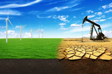 The concept of green energy windmills in a beautiful field. Oil pump in sandy field with cracks. Energy Production leads to the destruction of the world clipart