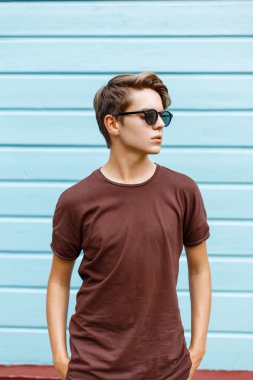 Handsome young guy with the hairstyle in sunglasses, t-shirt posing near a bright blue wooden wall