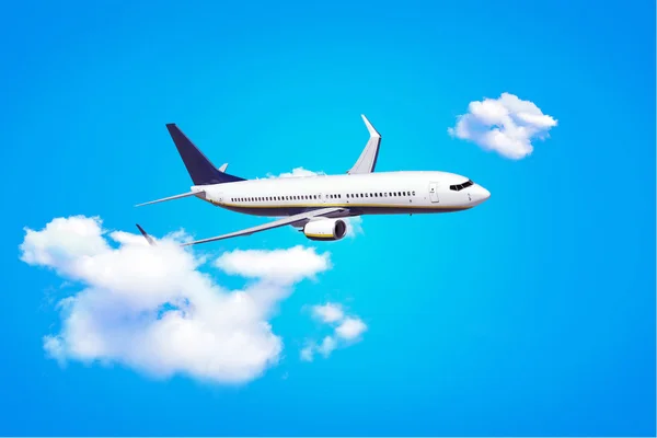 White passenger airplane with clouds on a blue background. The concept of travel — Stock Photo, Image