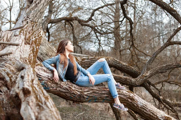 Jovem mulher bonita em roupas jeans sentado e descansando em uma árvore grande — Fotografia de Stock